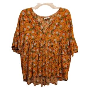 Umgee Anthroplogie Mustard Yellow Orange Floral Blouse Size Medium